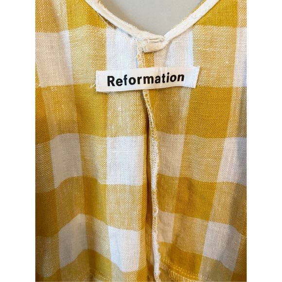 Reformation Beverly Linen Wrap Dress Yellow White Check, Size XS, Deep V Neck 💛 - Picture 12 of 12